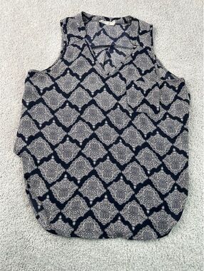Lush Women’s Navy Blue White Paisley Sleeveless Tunic Top Relaxed Fit